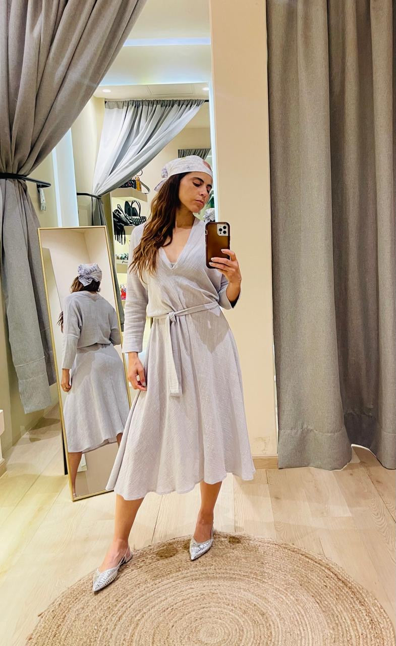 Vestido Algodón Cuello V con Cinto